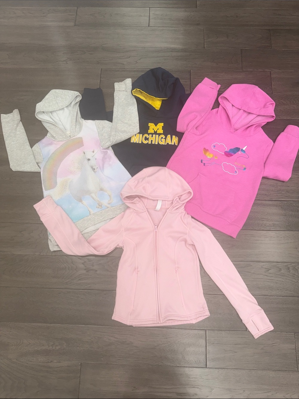 Bundle of girls hooded sweatshirts with unicorns and zip up
